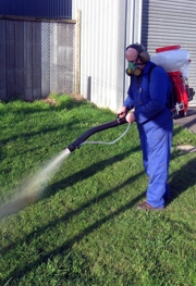 The GardenWiz duster/ sprayer is shown here in operation